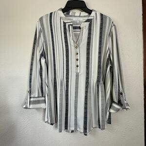 New Directions Woman's Size XLP 3/4 Sleeve Pull Over Grey White Striped Blouse